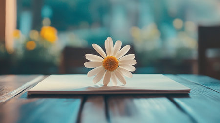 White daisy flower and book on wooden table in coffee shop.の素材