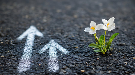 White flower on asphalt road with arrow pointing up. Concept of success.の素材