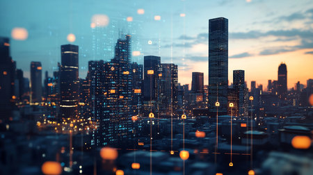 Abstract digital business hologram on blurry cityscape background. Double exposureの素材