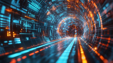 3D rendering of abstract digital tunnel. Futuristic tunnel with glowing lights.の素材