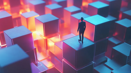 Silhouette of a businessman standing in front of a lot of cubesの素材