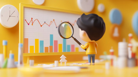 Miniature people : Businessman using a magnifying glass to look at the graph.の素材