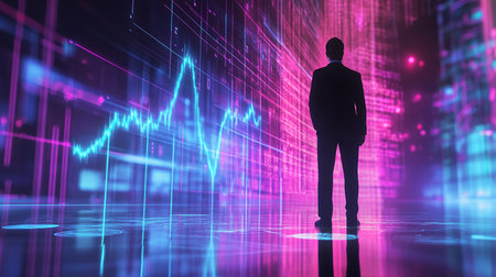 Silhouette of businessman looking at glowing forex chart on digital background. Stock market concept. Double exposureの素材