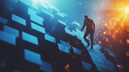 Silhouette of businessman walking on stairs. Success concept. 3D Renderingの素材