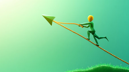 Green man with paper plane on green grass. 3d illustration.の素材