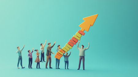 Group of business people holding a growing arrow. Success concept. 3D Renderingの素材