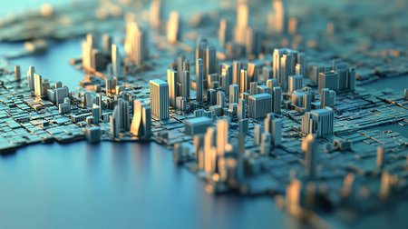 3d illustration of futuristic cityscape with skyscrapers and buildingsの素材