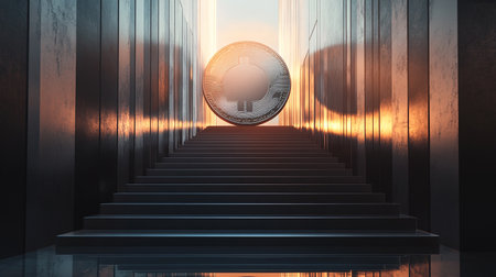 Staircase leading to a silver coin in the shape of the planet Earth. 3D renderingの素材