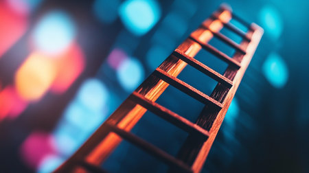 Wooden ladder with colorful bokeh background. Selective focus.の素材