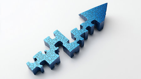 Blue puzzle arrow on white background. 3d render. Business conceptの素材