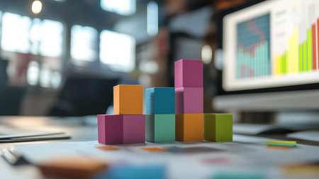 Close up of colorful wooden blocks on table in office. Business concept.の素材