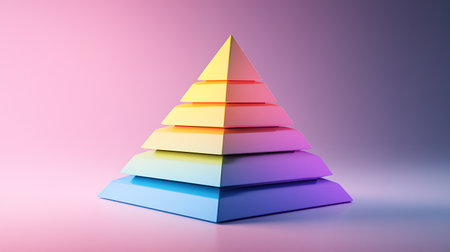 Pyramid of colorful paper on pink background. 3D illustration.の素材