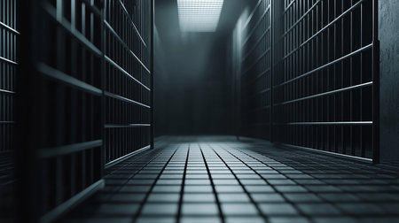 3d rendering of a prison cell in a dark room with barsの素材