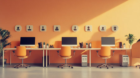 Modern office interior with orange walls, orange floor and rows of computer screens. 3d rendering mock up toned imageの素材