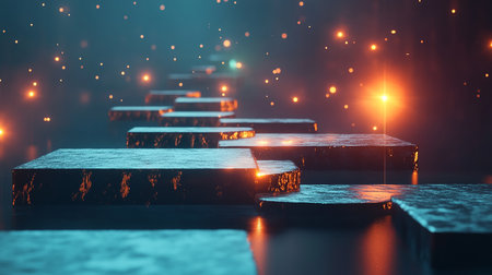 abstract scene with black stairs and glowing lights. 3d renderingの素材