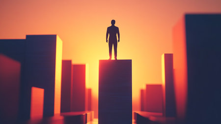 Silhouette of a businessman standing on the top of a skyscraper.の素材