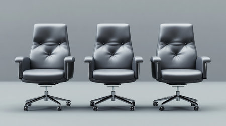 Three black leather office chairs on a gray background. 3d renderingの素材