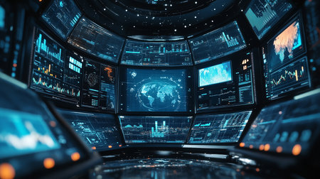 Dark blue spaceship interior with glowing screens and world map 3D renderingの素材