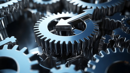 3d illustration of metal gears and cogs over blue background.の素材