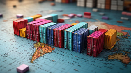 Cargo shipping container tower on world map. 3d illustration.の素材