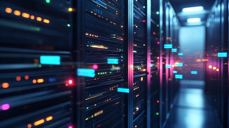 Server room data center. Backup, mining, hosting, mainframe and computer rack with storage information. 3d renderの素材