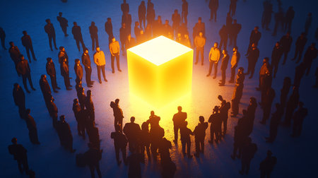 Group of business people standing in front of a glowing cube. 3D renderingの素材