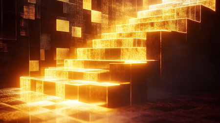 Glowing stairs on dark background. Abstract 3d rendering illustration.の素材