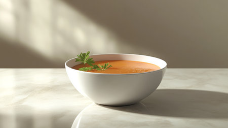 Pumpkin soup in white bowl on white marble table. 3D Renderingの素材