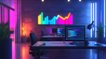 Modern office interior with computer and stock market chart. 3D Renderingの素材