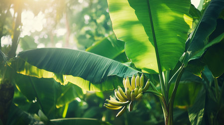 Banana tree with bunch of bananas in the garden. Nature backgroundの素材