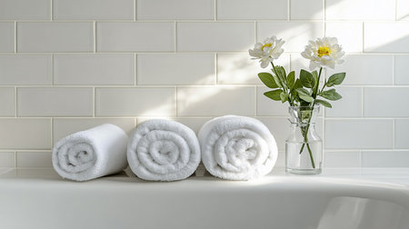 White towels in a glass vase on a white tile background.の素材