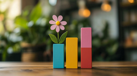 Colorful wooden bar graph and flower on wooden table in coffee shopの素材