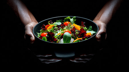 Fresh mixed salad in black bowl in female hands on black background.の素材