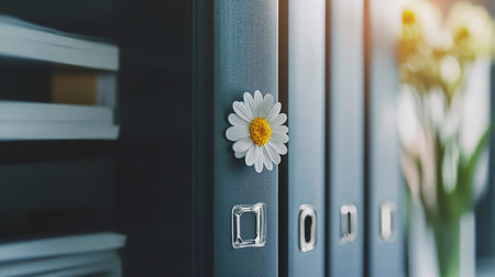 Close up of white daisy flower growing out of a grey office file cabinet.の素材