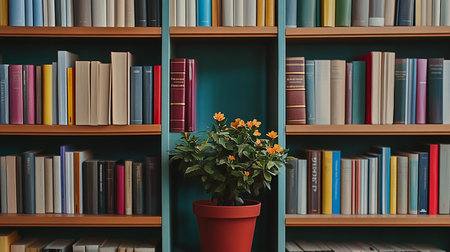 Bookshelf with books and a vase with flowers. 3d renderingの素材