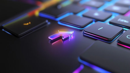 3d render of computer keyboard with arrow on black background. Computer technology conceptの素材