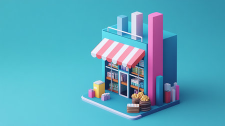 supermarket in isometric view on blue background. 3d renderingの素材