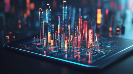 Finance graph on digital tablet screen. 3d rendering toned imageの素材