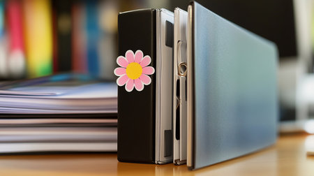 Notebook with flower on a desk in the office, business conceptの素材