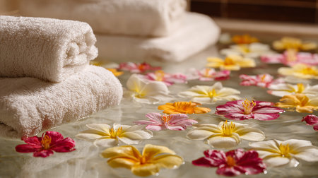 Spa towels and flowers in water, closeup. Beauty treatmentの素材