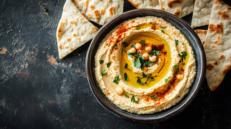 Bowl of hummus with pita bread on rustic backgroundの素材