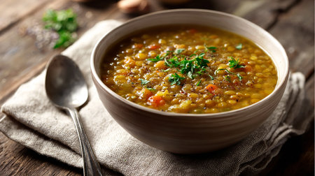 Vegetable soup with lentils in a bowl on wooden backgroundの素材