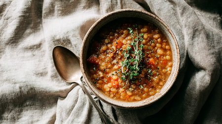 Lentil soup with thyme in ceramic bowl on textile backgroundの素材