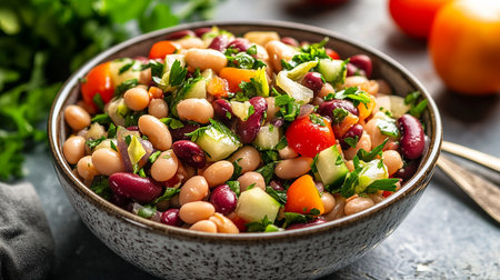 Bean salad with tomato, cucumber, onion and parsleyの素材