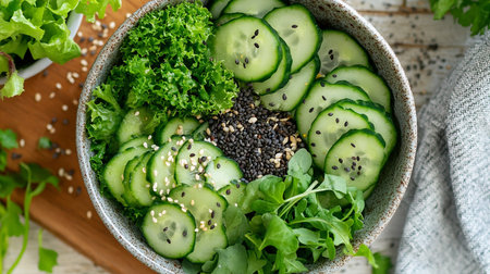 Healthy salad with cucumber, lettuce and sesame seeds in bowlの素材
