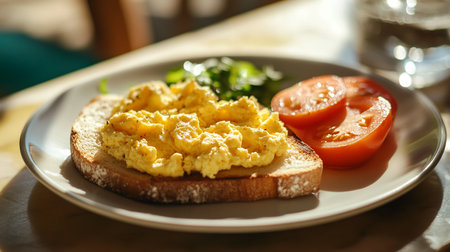 Scrambled eggs on toast with tomato on wooden table, closeupの素材