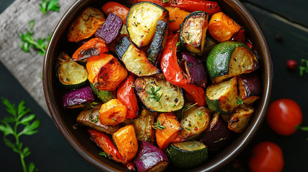 Baked vegetables in bowl on dark background, top view. Vegetarian foodの素材