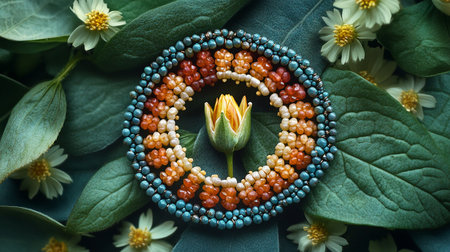 Beautiful necklace of beads on a background of green leaves and flowersの素材