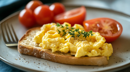 scrambled eggs with tomatoes on toasted bread, healthy breakfastの素材