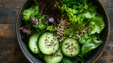 Green salad with cucumber, lettuce and sesame seeds in a bowl on wooden backgroundの素材